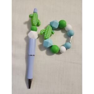 Bead Pen & Cup Charm Matching Combo Blue & Light Green Cactus Silicone